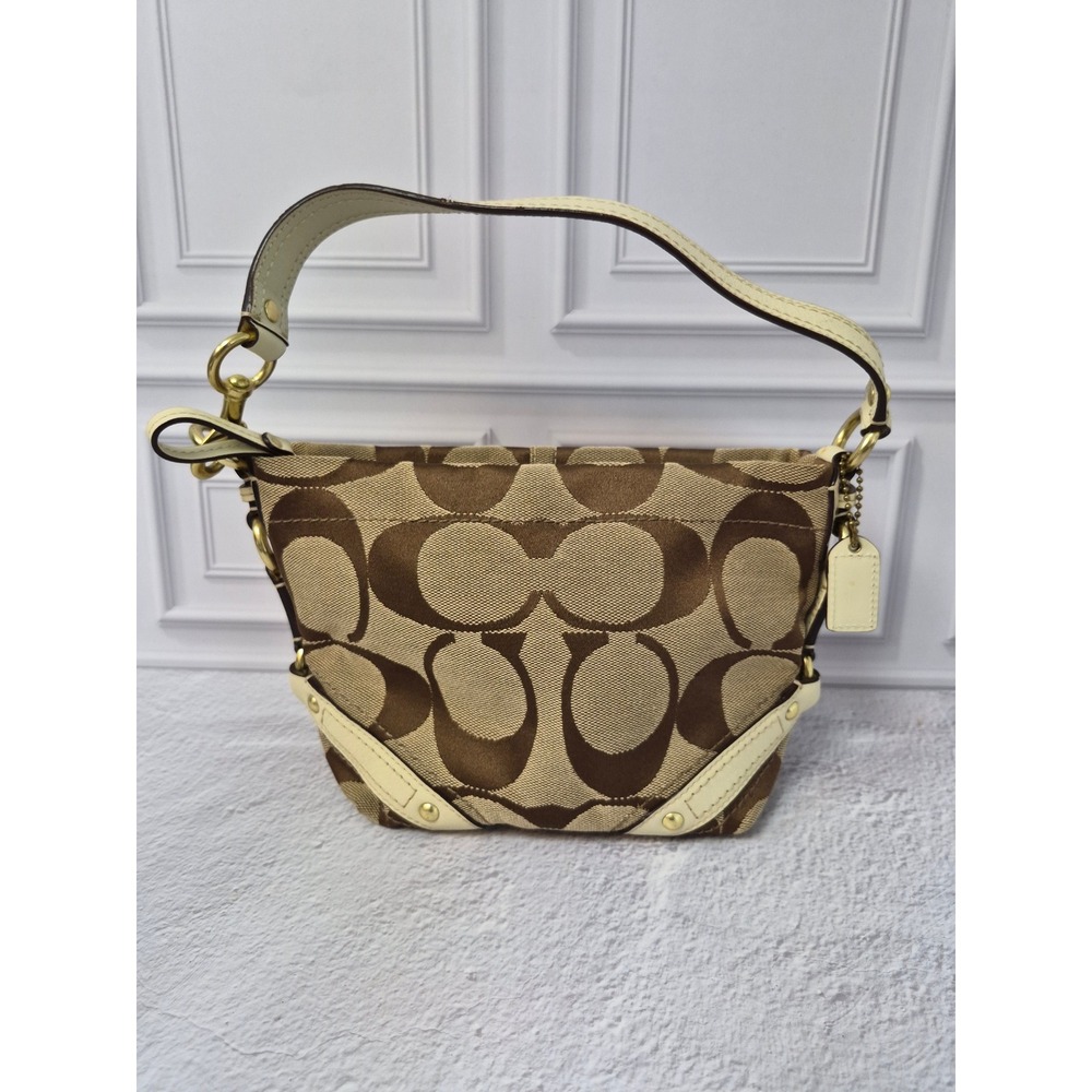 Vintage Coach Mini Carly Signature Jacquard Hobo Bag Brown Cream Leather
